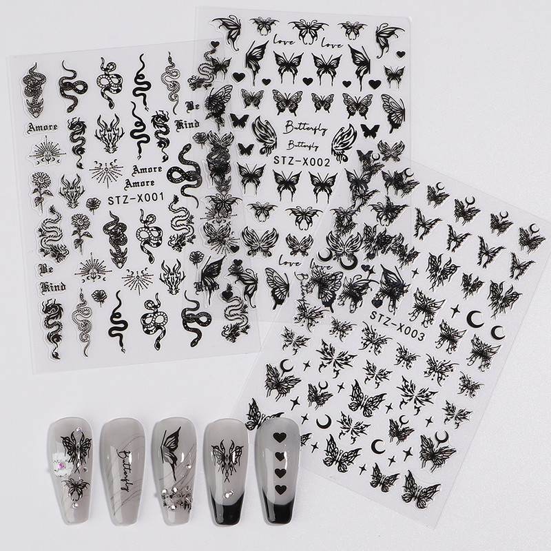 3D crna zmija naljepnice za nokte zmaj klizači za nokte zvijezda mjesec noć vještica dizajn leptir ruža cvijeće naljepnice manikura omot