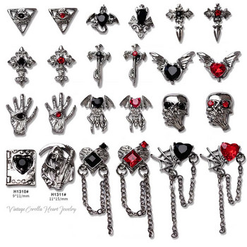 10Pcs готически пънк стил Nail Art Charms 3D Heart Cross Хелоуин Череп Любовна верига Дизайн на висулка Аксесоари за декорация на нокти