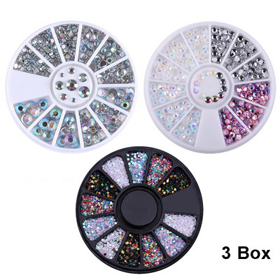3 Boxes AB Crystal Rhinestones Set jauktas krāsas 3D plakanu nagu dekorēšana DIY nagu dārgakmeņi un piekariņi manikīra amatniecības dekorēšanai