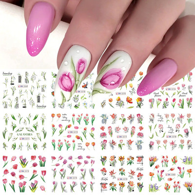 Tulips Flowers Water Nail Decals Μεταφορά φύλλων Αυτοκόλλητα νυχιών Άνοιξη Καλοκαίρι Διακόσμηση Snowdrops Watermarks Slider LEBBN2269-2280