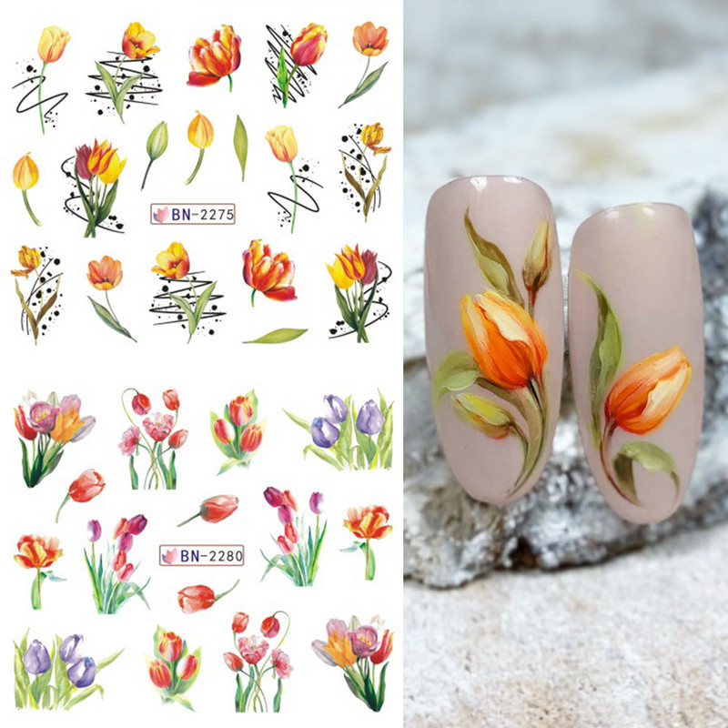 Tulpes Ziedi Ūdens Nagu uzlīmes Lapu pārnēsāšanas nagu uzlīmes Pavasara Vasaras Dekorācijas Sniegpulkstenītes Ūdenszīmes Slīdnis LEBBN2269-2280