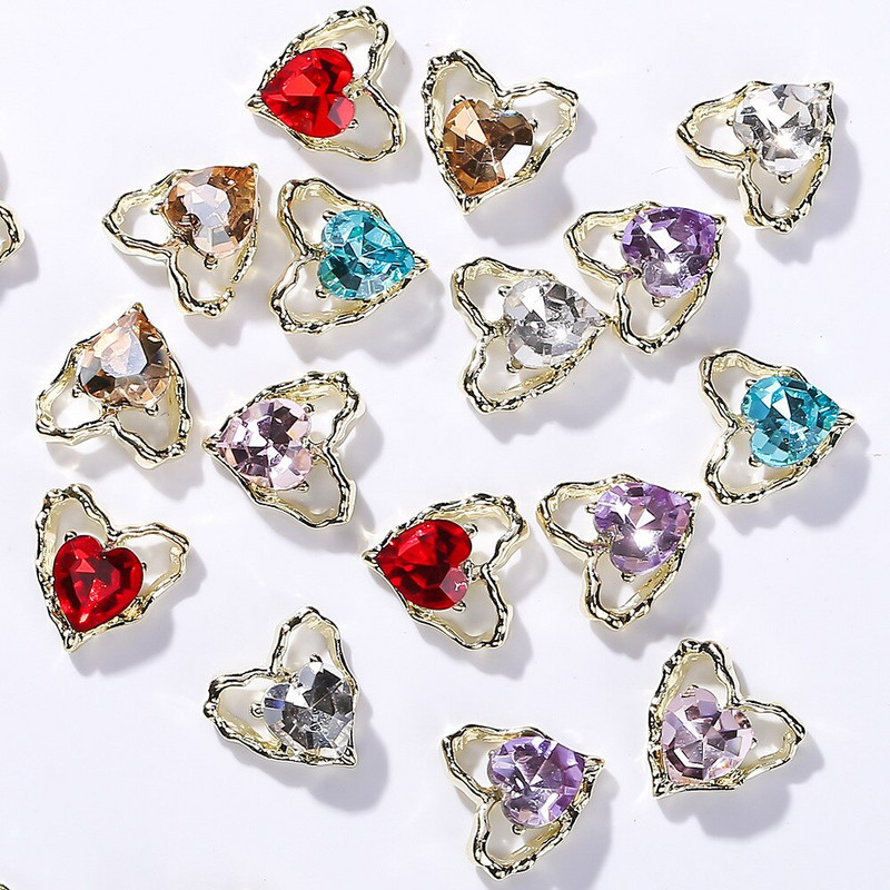 30 GAB Mīlestības nagu sakausējuma 3D rotaslietas, izdobtas mīlestības dimanti, krāsaini gaiši, grezni, mīlestības formas dimanta nagu dekori