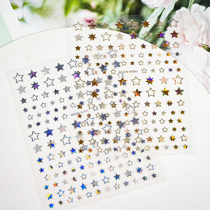 Komplekts 3D Stars Nails Art uzlīmes Zelta/Sudraba/Rožu zelta uzlīmes Pašlīmējošās Hologrāfiskās Lāzerzvaigznes uzlīmes Manikīra piederumi