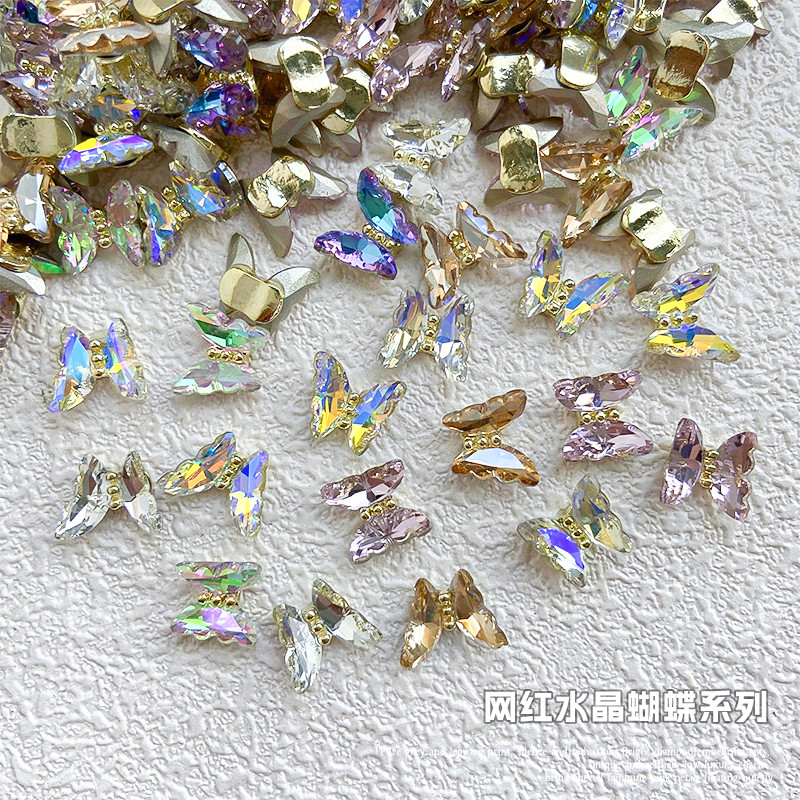 10Gb AB Crystal Butterfly Rhinestone 12X10mm Flatback mirdzošs dimanta nagu rotaslietas 3D Aurora Symphony Butterfly nagu mākslas piekariņi