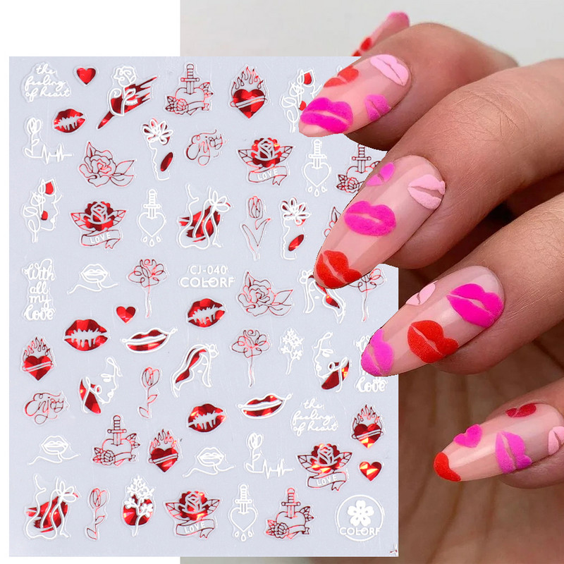 3D Nagu uzlīmes Sirds Mīlestība Lūpu Zieds Lāzers Pašlīmējošie slīdņi Nagu mākslas rotājumi Valentīndienas manikīra aksesuāriTRCJ