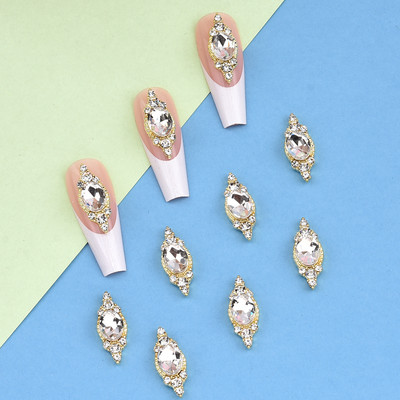 10 gab Crysal Big Gemstone Nagu piekariņi sakausējuma 3D nagu rotājumi Rhinestone zelta rotaslietas dizainers DIY Long Nail Art NJ23104-3