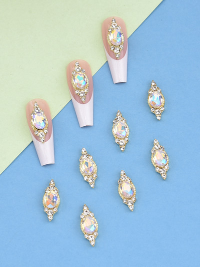 10 gab Crysal Big Gemstone Nagu piekariņi sakausējuma 3D nagu rotājumi Rhinestone zelta rotaslietas dizainers DIY Long Nail Art NJ23104-3