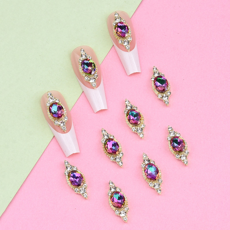 10 gab Crysal Big Gemstone Nagu piekariņi sakausējuma 3D nagu rotājumi Rhinestone zelta rotaslietas dizainers DIY Long Nail Art NJ23104-3