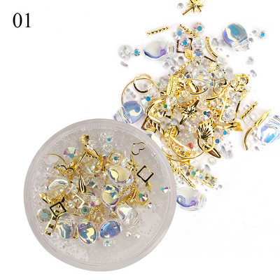 Jauktu 3D Rhinestones kastīte nagu mākslas rotājumiem, dzirkstoši kristāla dārgakmeņi nagu rotaslietas, kaviāra krelles, piekariņi, manikīra aksesuāri