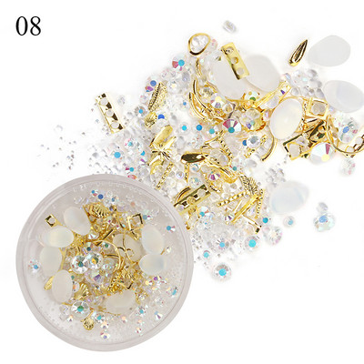 Jauktu 3D Rhinestones kastīte nagu mākslas rotājumiem, dzirkstoši kristāla dārgakmeņi nagu rotaslietas, kaviāra krelles, piekariņi, manikīra aksesuāri