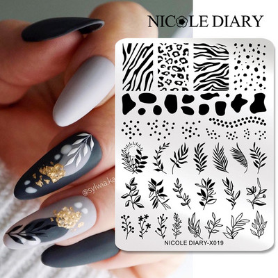 NICOLE DIARY Leaves Flower Nail Art Πλάκες σφράγισης Πρότυπο σχεδίασης Γεωμετρική λωρίδα γραμμή 3D Εργαλεία εκτύπωσης με στένσιλ εικόνας