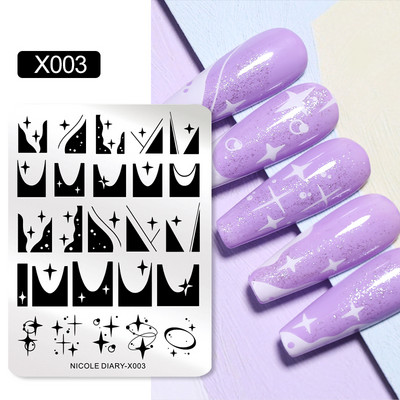 NIKOLAS DIENASGRĀMATA Lapas Ziedu nagu mākslas štancēšanas plāksnes Zīmēšanas veidne Ģeometriskas svītras līnijas 3D attēls Trafaretu veidņu drukāšanas rīki