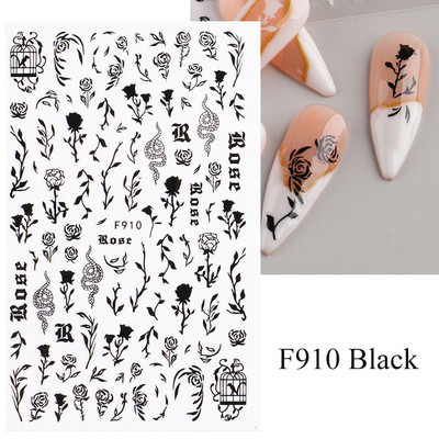 3D zmija Crne naljepnice za nokte Listovi Oči Plamen Klizači za nokte Zvjezdica Mjesec Dizajn Biljke Ruže Proljetno cvijeće Naljepnice Manikura Vrap