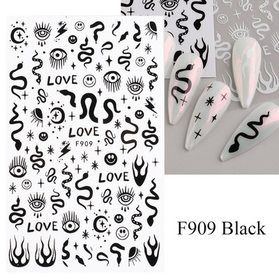 3D zmija Crne naljepnice za nokte Listovi Oči Plamen Klizači za nokte Zvjezdica Mjesec Dizajn Biljke Ruže Proljetno cvijeće Naljepnice Manikura Vrap