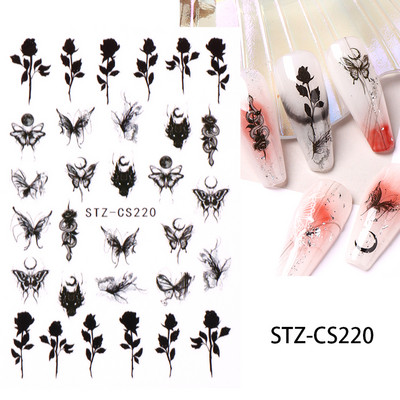 3D zmija Crne naljepnice za nokte Listovi Oči Plamen Klizači za nokte Zvjezdica Mjesec Dizajn Biljke Ruže Proljetno cvijeće Naljepnice Manikura Vrap