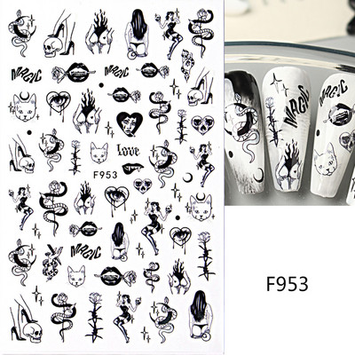 3D zmija Crne naljepnice za nokte Listovi Oči Plamen Klizači za nokte Zvjezdica Mjesec Dizajn Biljke Ruže Proljetno cvijeće Naljepnice Manikura Vrap