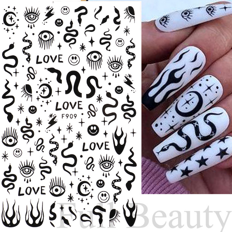 3D zmija Crne naljepnice za nokte Listovi Oči Plamen Klizači za nokte Zvjezdica Mjesec Dizajn Biljke Ruže Proljetno cvijeće Naljepnice Manikura Vrap