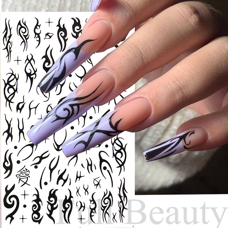 3D zmija Crne naljepnice za nokte Listovi Oči Plamen Klizači za nokte Zvjezdica Mjesec Dizajn Biljke Ruže Proljetno cvijeće Naljepnice Manikura Vrap