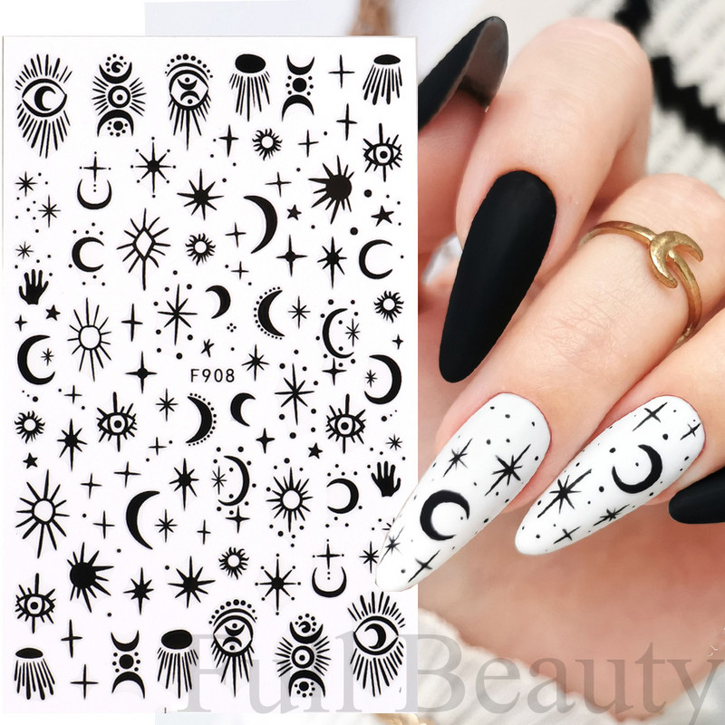3D zmija Crne naljepnice za nokte Listovi Oči Plamen Klizači za nokte Zvjezdica Mjesec Dizajn Biljke Ruže Proljetno cvijeće Naljepnice Manikura Vrap