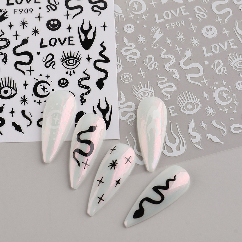 3D zmija Crne naljepnice za nokte Listovi Oči Plamen Klizači za nokte Zvjezdica Mjesec Dizajn Biljke Ruže Proljetno cvijeće Naljepnice Manikura Vrap