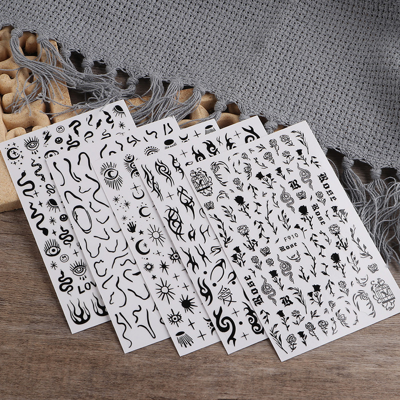 3D zmija Crne naljepnice za nokte Listovi Oči Plamen Klizači za nokte Zvjezdica Mjesec Dizajn Biljke Ruže Proljetno cvijeće Naljepnice Manikura Vrap