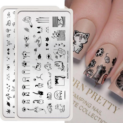 BORN PRETTY Multifilmi loomad Küünekunsti tembeldusplaadid Lehed Lilled Geomeetrilised triibud Line Artist Image Trafarettvormide printimise tööriist