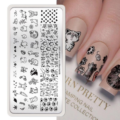 BORN PRETTY Karikatūra Dzīvnieki Nagu mākslas zīmogplāksnes Lapas Zieds Ģeometriskas svītras Līnija Mākslinieka attēla trafaretu veidņu drukas rīks