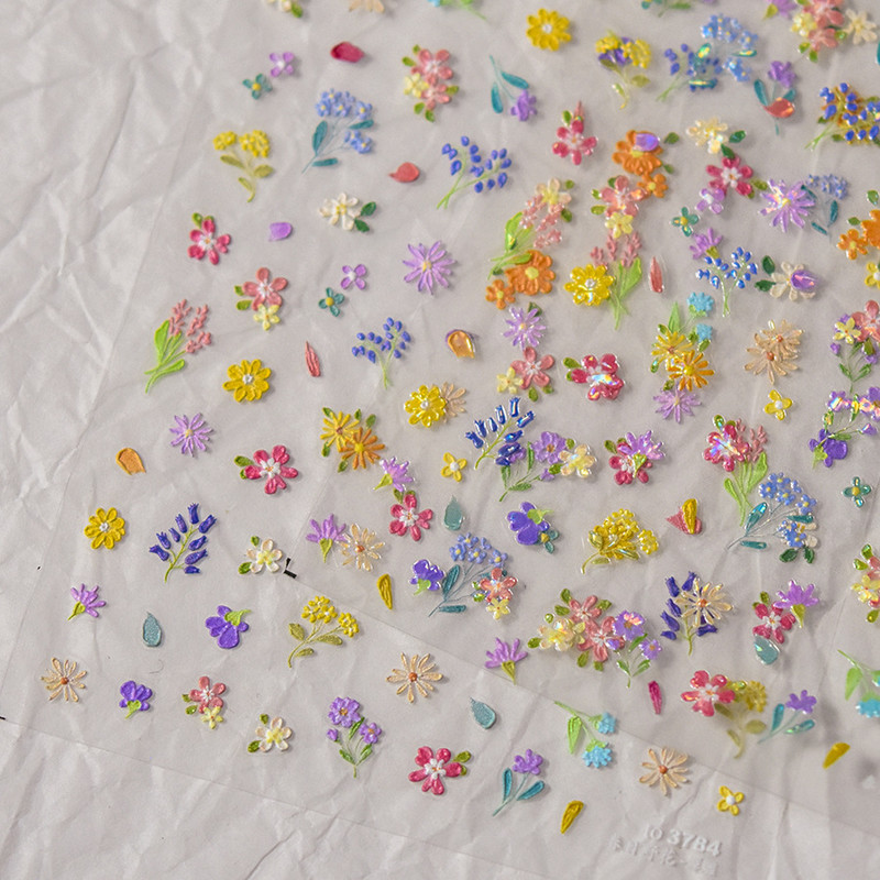 Krāsains dzirkstošs stikla fragments pavasara savvaļas ziedi Augstas kvalitātes līmējošās zibspuldzes nagu uzlīmes Mākslas dekorācijas dizains T-3784