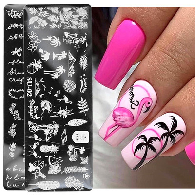 Plam Tree Nail Stamping Plates Coconut Daisy Flower Leaf Flamingo Letter Καλοκαιρινό πρότυπο πιάτο καλούπι Εργαλεία στένσιλ νυχιών τέχνης KESU