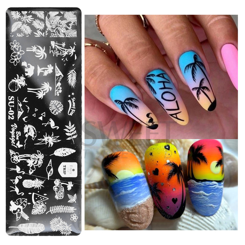 Plazminio medžio nagų štampavimo lėkštės kokoso margalapio žiedų lapų flamingo laiškas Vasaros šablono plokštelės, formavimo nagų dailės trafaretų įrankiai KESU