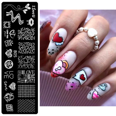 Szív geometriájú körömbélyegző lemezek stencil francia vonalas levél szerelem téma körömdíszítő lemez rozsdamentes acél körömtervező stencil eszközök