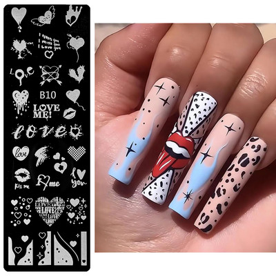 Szív geometriájú körömbélyegző lemezek stencil francia vonalas levél szerelem téma körömdíszítő lemez rozsdamentes acél körömtervező stencil eszközök