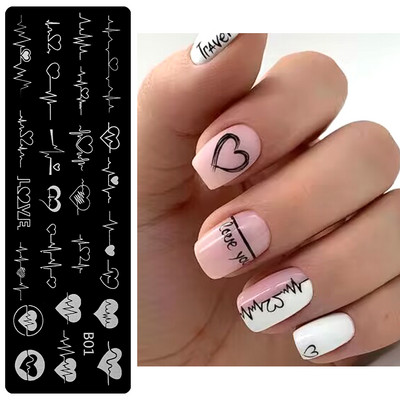 Szív geometriájú körömbélyegző lemezek stencil francia vonalas levél szerelem téma körömdíszítő lemez rozsdamentes acél körömtervező stencil eszközök