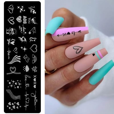 Szív geometriájú körömbélyegző lemezek stencil francia vonalas levél szerelem téma körömdíszítő lemez rozsdamentes acél körömtervező stencil eszközök