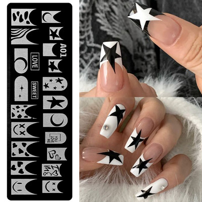 Szív geometriájú körömbélyegző lemezek stencil francia vonalas levél szerelem téma körömdíszítő lemez rozsdamentes acél körömtervező stencil eszközök