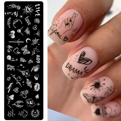 Szív geometriájú körömbélyegző lemezek stencil francia vonalas levél szerelem téma körömdíszítő lemez rozsdamentes acél körömtervező stencil eszközök