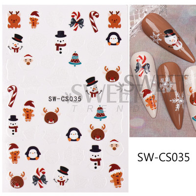 Autocolante pentru unghii de Crăciun cu cerb drăguț 5D în relief Elk Star Gingerbread Man Fulg de zăpadă Moș Crăciun Holly Manichiură gravată de iarnă DIY