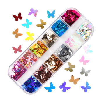 12 Grids 3D Butterfly Shape Sein Nail Art Glitter Flakes Mixed Mini Paillette Sparkly Направи си сам Nail Art Decoration Аксесоари за нокти