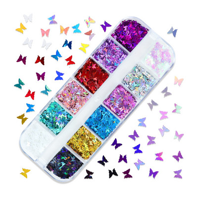 12 režģi 3D tauriņa formas vizulis nagu mākslas mirdzoši pārslas, jauktas mini paillette dzirkstošās DIY nagu mākslas dekorācijas nagu aksesuāri