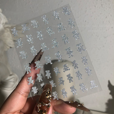 1Gb 3D sudraba zvaigznes līmējošās nagu uzlīmes, uzspiežot uz nagiem, lāzera zieds tauriņš nagu uzlīme nagu mākslas dekorēšana lāča uzlīmes