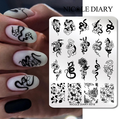 NICOLE DIARY Плоча за щамповане на изкуство за нокти Черна змия Шаблон за рисуване на линия Животно Пеперуда Цвете Листо Печат Инструмент за шаблон за нокти