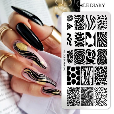 NICOLE DIARY Nagu mākslas zīmogplāksne melna čūska līnijas zīmēšanas veidne Dzīvnieks tauriņš ziedu lapu zīmogs nagu veidnes trafareta rīks