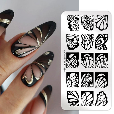 NICOLE DIARY Nagu mākslas zīmogplāksne melna čūska līnijas zīmēšanas veidne Dzīvnieks tauriņš ziedu lapu zīmogs nagu veidnes trafareta rīks