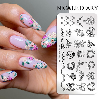 NICOLE DIARY Nagu mākslas zīmogplāksne melna čūska līnijas zīmēšanas veidne Dzīvnieks tauriņš ziedu lapu zīmogs nagu veidnes trafareta rīks