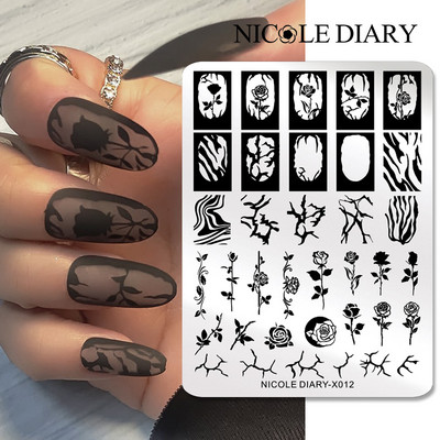 NICOLE DIARY Nagu mākslas zīmogplāksne melna čūska līnijas zīmēšanas veidne Dzīvnieks tauriņš ziedu lapu zīmogs nagu veidnes trafareta rīks