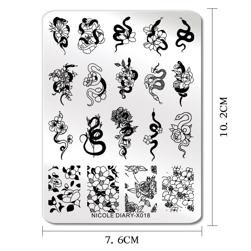 NICOLE DIARY Nagu mākslas zīmogplāksne melna čūska līnijas zīmēšanas veidne Dzīvnieks tauriņš ziedu lapu zīmogs nagu veidnes trafareta rīks