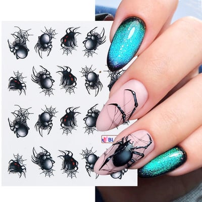 Black Spider Water Küünekleebised Halloween Evil Eye Nail Art Kleebised Spider Web Ghostface Sliders Maniküüri kaunistus FBBLE1341