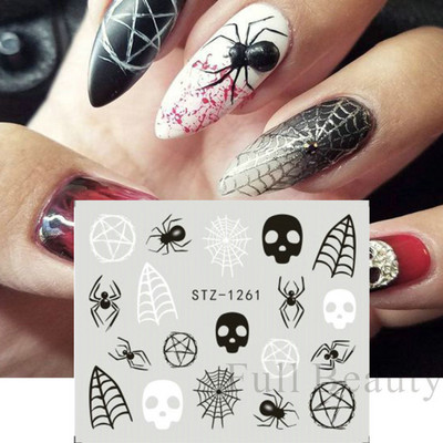 Melna zirnekļa ūdens nagu uzlīmes Helovīna ļauno acu nagu mākslas uzlīmes zirnekļa tīkls spoku sejas slīdņi manikīra dekorēšana FBBLE1341