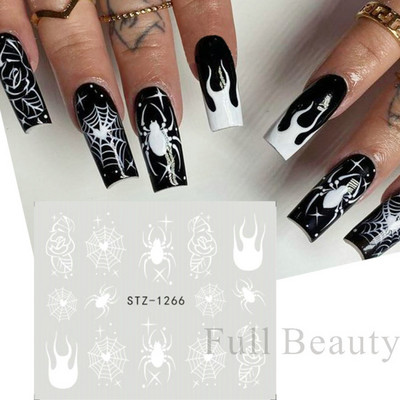 Melna zirnekļa ūdens nagu uzlīmes Helovīna ļauno acu nagu mākslas uzlīmes zirnekļa tīkls spoku sejas slīdņi manikīra dekorēšana FBBLE1341