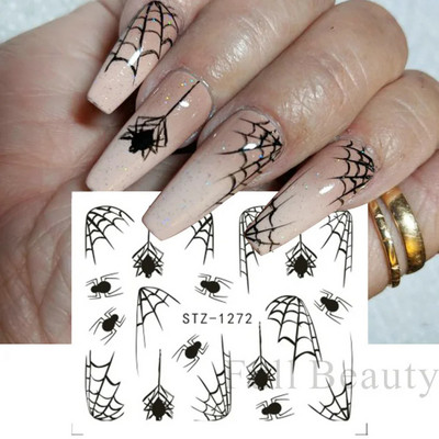 Melna zirnekļa ūdens nagu uzlīmes Helovīna ļauno acu nagu mākslas uzlīmes zirnekļa tīkls spoku sejas slīdņi manikīra dekorēšana FBBLE1341